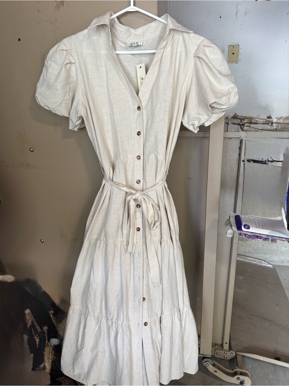 Button-Front Puff Sleeve Midi Dress